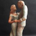 Tango : couple de danseurs,  valse,  patine bleu et ocre, h 31 cm